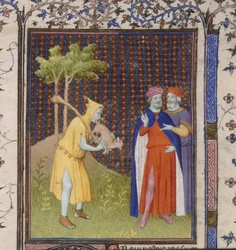 Royal 15 D.11 fol.262 Bolond egy kis állattal, Guiart de Moulins (vellum) „Bible Historiale” című könyvéből