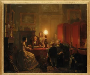 Egy család gyűlt össze egy lámpafényes asztal körül, 1854