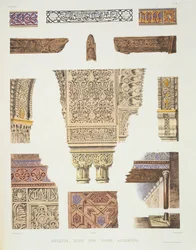 Részletek az alhambrai Oroszlánok udvarából, a „Souvenirs of Granada and of the Alhambra” című könyvből, Benard und Frey metszetében, 1836-37 körül megjelent.