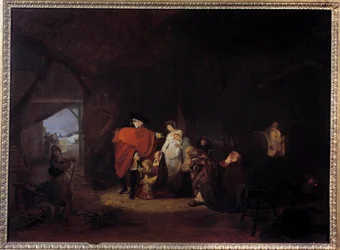 XVI. Lajos emberi vonása: 1784 telén a király átadja az almonokat Versailles-i lakosoknak Louis Philibert Debucourt festménye (1755-1832) 1785 V. 0,61x0,83 m