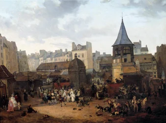 Párizs aux Halles városának 1782.01.21-i örömünnepe a francia Dauphin Louis Joseph (1781-1789) születése alkalmából Louis Philibert Debucourt (1755-1832) festménye 1782 V. 0,89x1,16 m Párizs, Musee Carnavalet