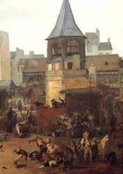 Párizs aux Halles városának 1782. 01. 21-i örömünnepe a francia Dauphin Louis Joseph (1781-1789) születése alkalmából Részlet. Louis Philibert Debucourt (1755-1832) festménye 1782 V. 0,89x1,16 m Párizs, Musee Carnavalet