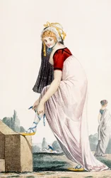 Fiatal hölgy görög stílusú nyári ruhában, 1700, illusztráció a „Modes et Manieres du Jour a Paris” című filmből