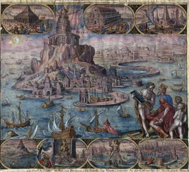 Az ókor hét csodájának ábrázolása: Alexandriai világítótorony (a Pharos szigetén) Alexandriában, Egyiptom - Az alexandriai világítótorony (a "A világ nyolcadik csodája" sorozatból) Maarten van Heemskerck után - Galle, Philip ( 1537-16