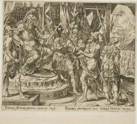 Achior könyörög Holofernészhez az izraelitákért, egy lemez a Judith és Holofernes történetéből