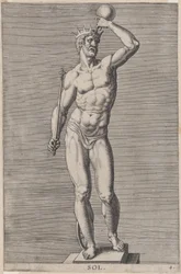 4. tábla: Apollón, meztelen isten szobra talpon álló, koronát viselő, kezében..., 1586.