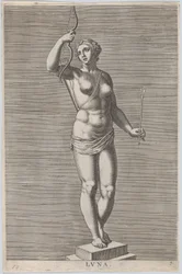 7. tábla: Diana, a meztelen istennő szobra talapzaton állva, félholdat viselve ..., 1586