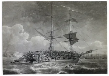 Egy francia brigg (tégla) portréja, La Chevrette (bizonytalan). Philippe Jacques de Loutherbourg (1740-1812) tintába mártott festménye.
