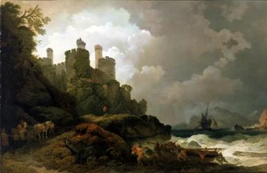 Egy partra vetett halászhajó a Conwy-kastély közelében (Wales). Olaj, vászon, 1800 körül, készítette Philippe-Jacques (Philippe Jacques) de Loutherbourg (1740-1812).