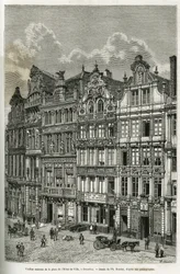 Régi házak a brüsszeli városháza téren. Ph. Benoist metszete, Camille Lemonnier Belgium történetének illusztrálására, megjelent a tour du monde-ban, Edouard Charton (1807-1890) vezetésével, Párizs