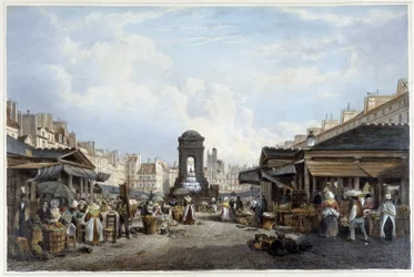 A séta az ártatlanok szökőkútja körül, kb. 1840 - in "" Promenade dans Paris et ses environs"", ill. írta: Jacottet és Benoist, Párizs, 1840. vers