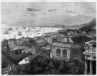 Kilátás a Hong Kong-öbölre. Metszet Benoist rajza nyomán, a „Le Tour du Monde, Nouveau Journal des Voyages” című kiadványban, szerkesztette Edouard Charton, Párizs