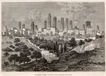 Kilátás San Gimignano-ra (Toszkána, Olaszország). Metszet Ph. Benoist rajza után, a toszkánai és umbriai utazás szemléltetésére, Francis Wey 1875-ben, megjelent a „” Le tour du monde”” 1876-ban, szerkesztette Edouard Charton, Hachette kiadás, Párizs. Selva