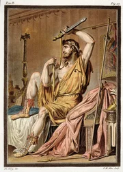 Agamemnón, jelmez Jean Racine „Iphigeneia Auliszban“ című művéhez, a „Kutatások valamennyi nemzet viseleteiről és színházáról“ II. kötetéből, metszette Pierre Michel Alix (1762-1817), 1802