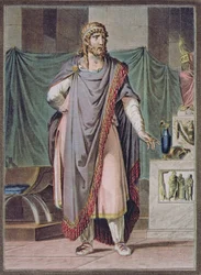 Antiokhosz, jelmez Jean Racine „Bereniké“ című művéhez, a „Kutatások minden nemzet viseleteiről és színházáról“ II. kötetéből, metszette Pierre Michel Alix (1762-1817), 1802