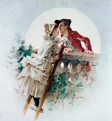 Gyengéd csók. Holdfényben csókolózó párt ábrázoló gáláns jelenet. Philippe Jacques Linder (1835-?) litográfiája. 19. század. Magángyűjtemény