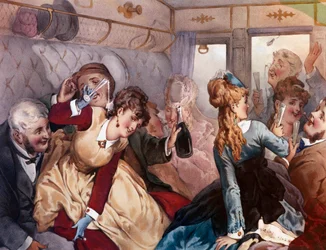The Pleasure Train Burzsoák egy csoportja iszik és szórakozik egy vagonban. Philippe Jacques Linder litográfiája