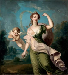 A szerelem istennője (Aphrodité vagy Vénusz). Ámor kíséri őt íjjal és nyíllal. Philippe Mercier (1689-1760) festménye. Olaj, vászon. Méret: 162.5x149.9cm Magántulajdonban lévő gyűjtemény.