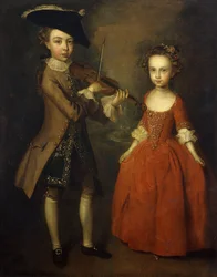 The Archbold Children: Egy kisfiú csoportos portréja, teljes alakban bézs kabátot, sötétkék arannyal hímzett mellényt és tricorn kalapot visel és hegedül, és nővére, egész alakos, piros ruhát visel, virággal a lányában Haj, Felkészülés