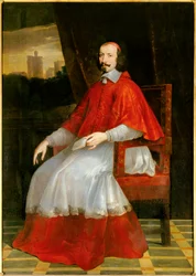 Jules Mazarin bíboros (Giulio Raimondo Mazzarino vagy Mazarino) (1602-1661) portréja a lábán A bíboros mögötte ül, kilátással a Vincennes-kastélyra. Philippe de Champaigne (1602-1674) festménye. V 2,05 X 1,44 m. Chantilly, musee de Conde – F