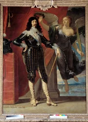 XIII. Lajos (1601-1643) diadalkoronás portréja lábán. Philippe de Champaigne (1602-1674) festménye