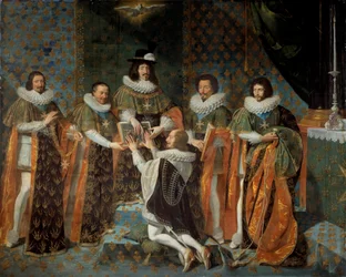 XIII. Lajos (1601-1643) fogadása II. Henrik Orléans-tól, Longueville és Estouville hercege, Neufchatel szuverén hercege (1595-1663) A Szentlélek Lovag lovagja 1633.05.15 XIII. Lajost Claude Bartillier veszi körül. , nagypénztárnok a t