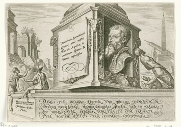 Maarten van Heemskerck portréja egy oszlop talapzatán The Days of Doom of the Jewish People (sorozat címe)