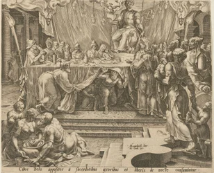 Bel papjai a templomban esznek és isznak, 4. lap, és Dániel eteti a sárkányt, 7. lap, a „Dániel, Bel és a sárkány története” sorozat 4. és 7. lapja
