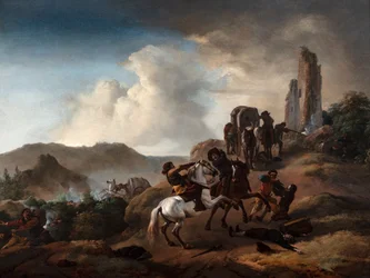Banditák lesben ütnek utazókat egy ösvényen olaszországi tájon, 1640-50 körül (olaj a táblán)