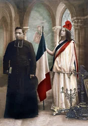 Egyház és állam szétválásának allegóriája 1905-ben, illusztráció 1907-ből (színes fotó)