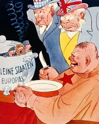 Egy hatalmas orosz katona a „Kis európai államok” feliratú fazékból készül táplálkozni, német rajzfilm kommentár Szovjet-Oroszország területi éhezéséről (színes litho)