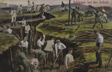 Német gyalogsági lövészárkokat ásó, első világháború (színes fotó)