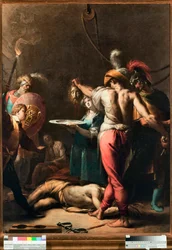 Keresztelő Szent János dekoltációja (Keresztelő Szent János lefejezése) A szent fejét egy fennsíkra helyezik – Pier Francesco Mazzuchelli festménye dit il Morazzone (1573-1626) Musei di Strada Nuova Genes (p. 2813. sz.)