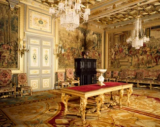 Maximilian faliszőnyeg-sorozat vadászatai I. Ferenc szobájának falain, a Chateau de Fontainebleau-ban