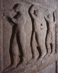 Zenészek, részlet a Pontassieve-i síremlék sztéléről, Toszkána, Olaszország, etruszk civilizáció, Kr. e. 5. század.