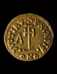 Arechi herceg Solidusa, hátlap, lombard érmék, 8. század
