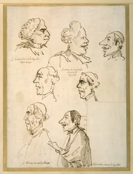 A pápai kápolnák négy énekesének hét karikatúrás profilja (toll és tinta papíron)