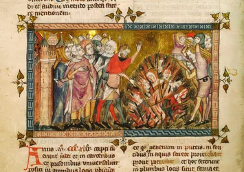 Zsidók elégetése 1349-ben. Miniatúra Gilles de Muisit Tractatus quartus című művéből, kb. 1353