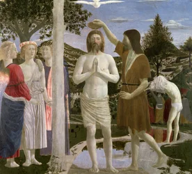 Krisztus keresztsége, részlet Krisztusról, Keresztelő Jánosról és az angyalokról, 1450 tojás tempera a panelen