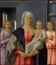 Senigalliai Madonna, avagy „Madonna a gyermekkel és két angyallal”. Piero della Francesca (1419/21-1492) festménye, 1480. Mérete: 52 x 58 cm. Urbino (Urbin), Galleria Nazionale delle Marche.