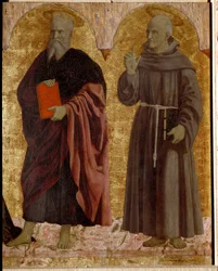 Misericorde-i Polyptyque: Misericorde-i Szűzanya, szentekkel körülvéve. Szent Andrást és Sienai Szent Bernátot (Bernardino da Siena vagy Bernardino degli Albizzeschi) ábrázoló részlet