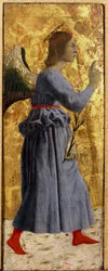 Misericorde-i poliptikus: Misericorde-i Szűzanya, szentekkel körülvéve. Az Angyali üdvözlet angyalát ábrázoló részlet. Piero della Francesca festménye fára (1415/20-1492) 1445-1460 Dim. 55x20 cm Sansepolcro, Pinacoteca Comunale