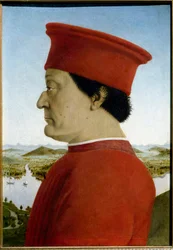 Federico da Montefeltro, Urbino hercege és Battista Sforza portréi. Federico da Montefeltro-t ábrázoló részlet