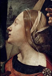 Antiochiai Szent Margarita, a szeplőtelen fogantatás részlete, 6 szenttel körülvéve. (Olaj, vászon, 1505 körül)
