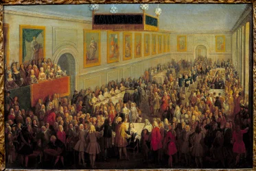 Ünnepség XV. Lajos koronázása alkalmából a reimsi érseki palotában, október 25.