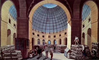Kilátás a Halle au ble-re, amely a jelenlegi párizsi Hotel de Soissons (Trade Exchange) épületében található. Guiguet metszete Pierre Courvoisier (1756-1804) nyomán 18. század. Paris, B.N.