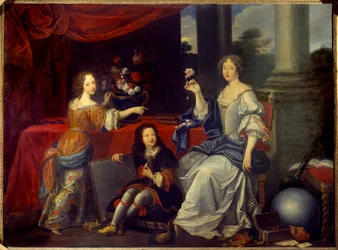 Louise Françoise de la Baume le Blanc, de la Vallière hercegné, Madame de La Vallière (1644-1710), XIV. Lajos kegyencnője és gyermekei, Mademoiselle de Blois és Vermandois gróf portréja, 17. század, Sun