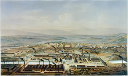 A Creusot és a Chateau de la Verrerie műhelyek látképe, Pierre Tremaux (1818-1895) akvarell litográfiája