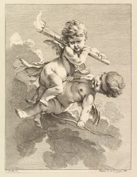 Két Ámor, egy fáklyát cipel, egy másik íjat, 1727-60.