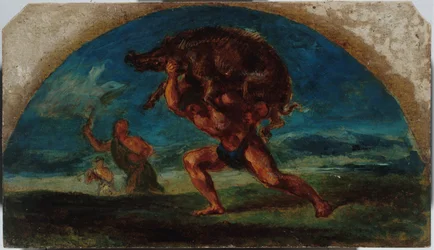 Vázlat a párizsi Hôtel de Ville-ben megrendezett Salon de la Paix kiállításra: Herkules és az erymanthemi vadkan, Delacroix után, 1852 és 1854 között (olaj).